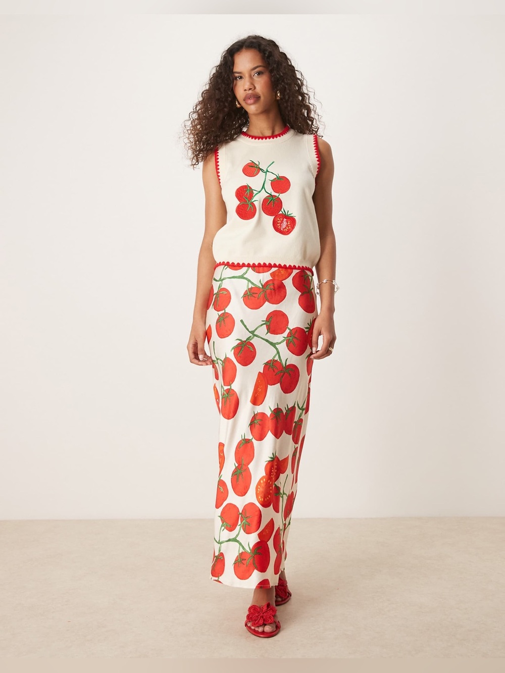 Never Fully Dressed tomato print satin maxi skirt in cream
